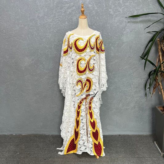 African White Lace Dresses Women Dashiki Abaya With Inner 2 Piece Sets Beaded A image 0