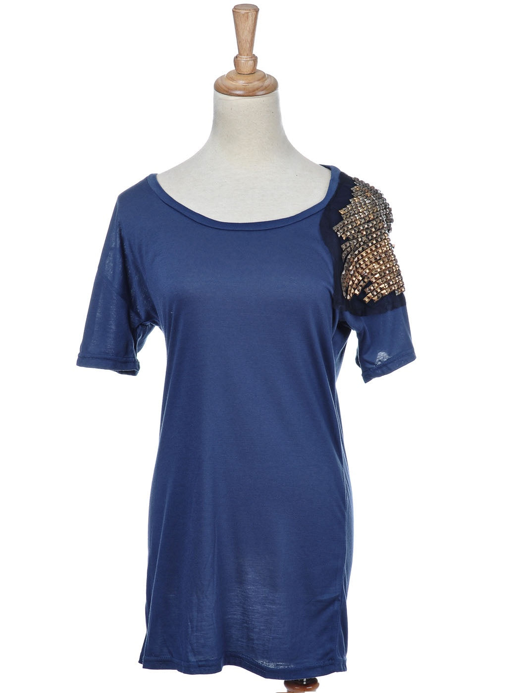 Casual Womens Loose Blue Metallic Square Studded Wide Neck Short Sleeve Shirt D image 1