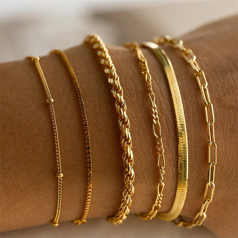 6Pcs Gold Color Bracelet Set Boho Retro Thick Twist Cuban Chain Bracelet for Wo image 1