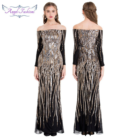 Angel-fashions Vintage Sequin Prom Gown Off Shoulder Long Sleeves Gold Silver B image 0