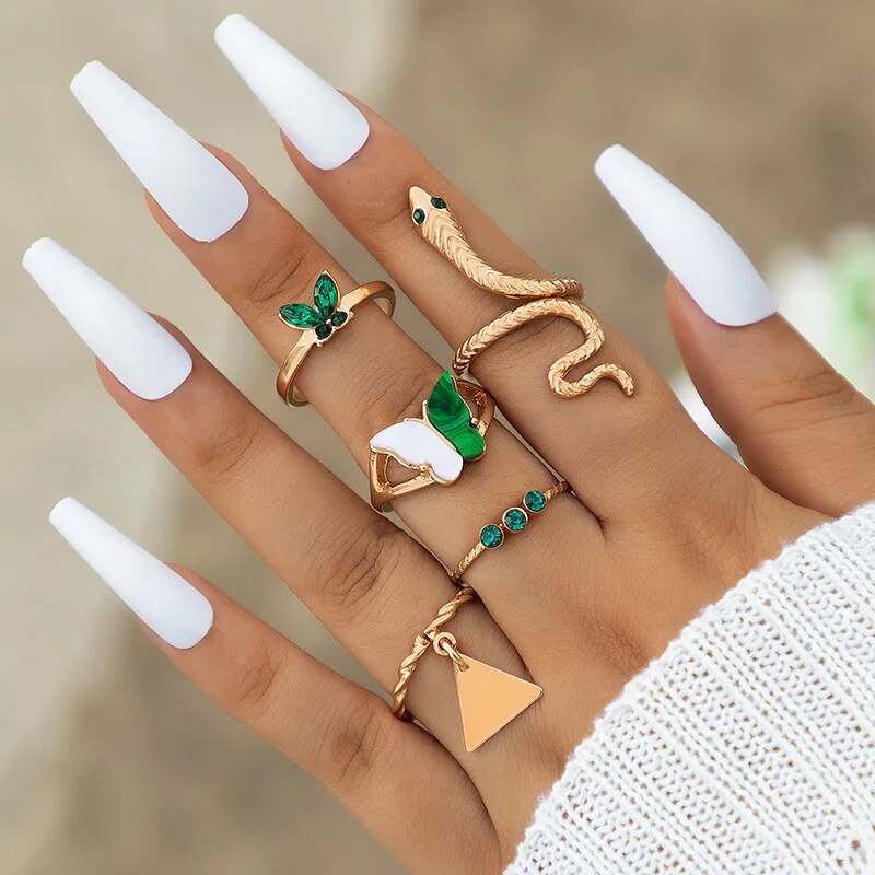 Colorful Crystal Snake Shape Ring Set For Women Fashion Butterfly Heart Gold Co image 9