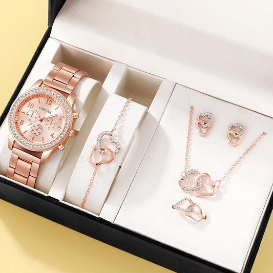 6PCS Set Rose Gold Luxury Watch Women Ring Necklace Earring Rhinestone Fashion image 0