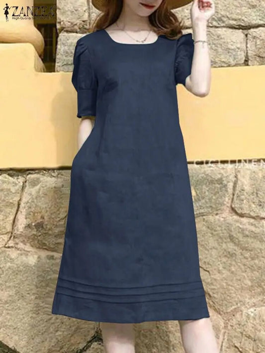 Women Summer Dress Fashion O Neck Holiday Sundress ZANZEA Elegant Cotton Dresse image 0