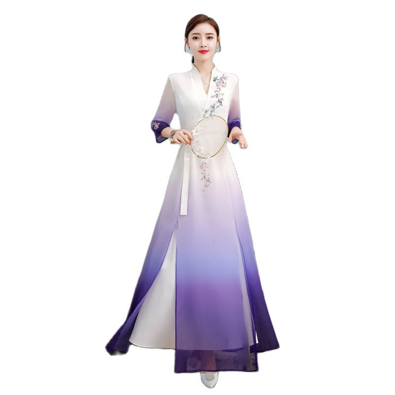 Aodai Floral Print Party Dress Oriental Women Chinese Style Cheongsam 3/4 Sleev image 3