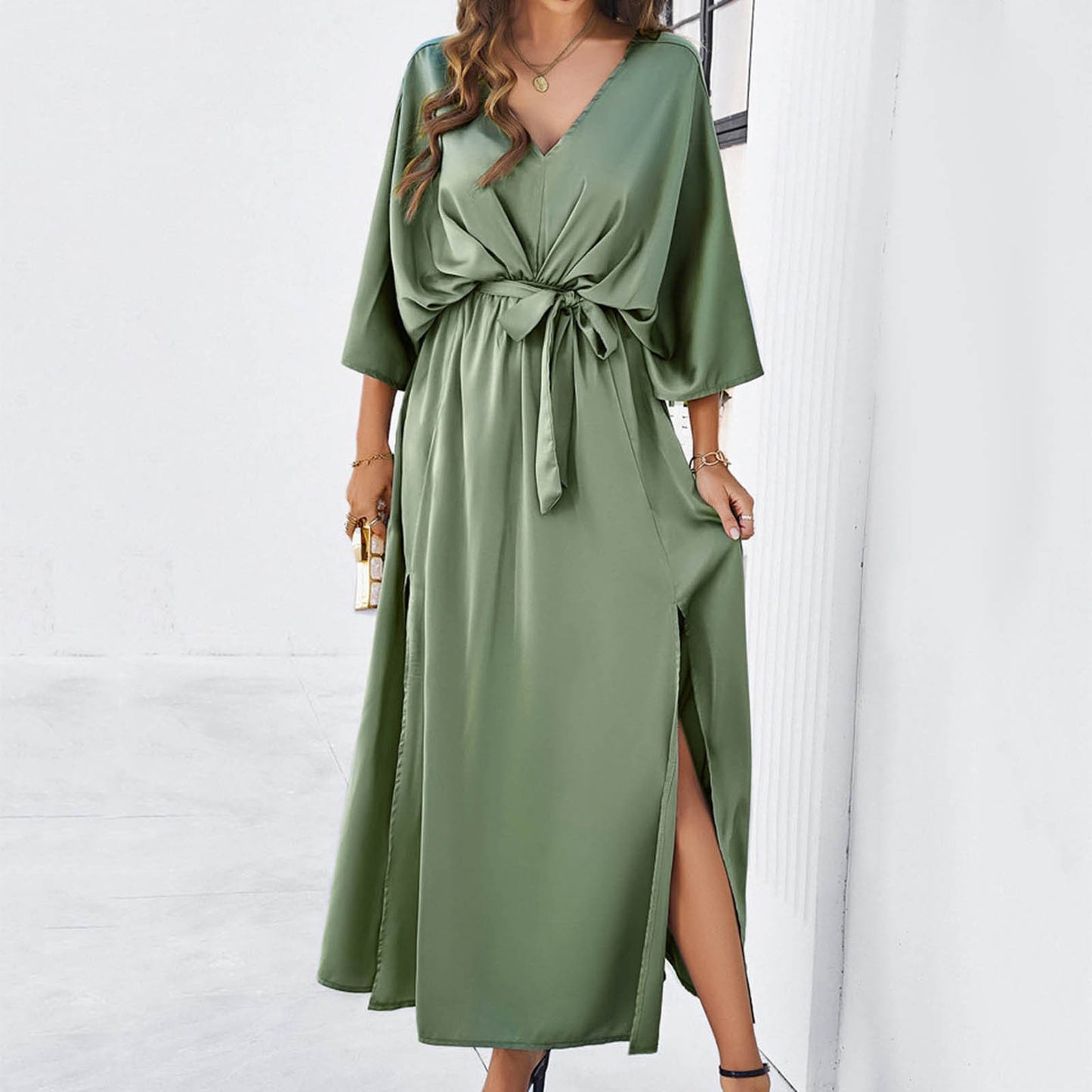 Temperament Women's Solid Color Slim Long Dress V Neck Half Sleeve Split Dresse image 1