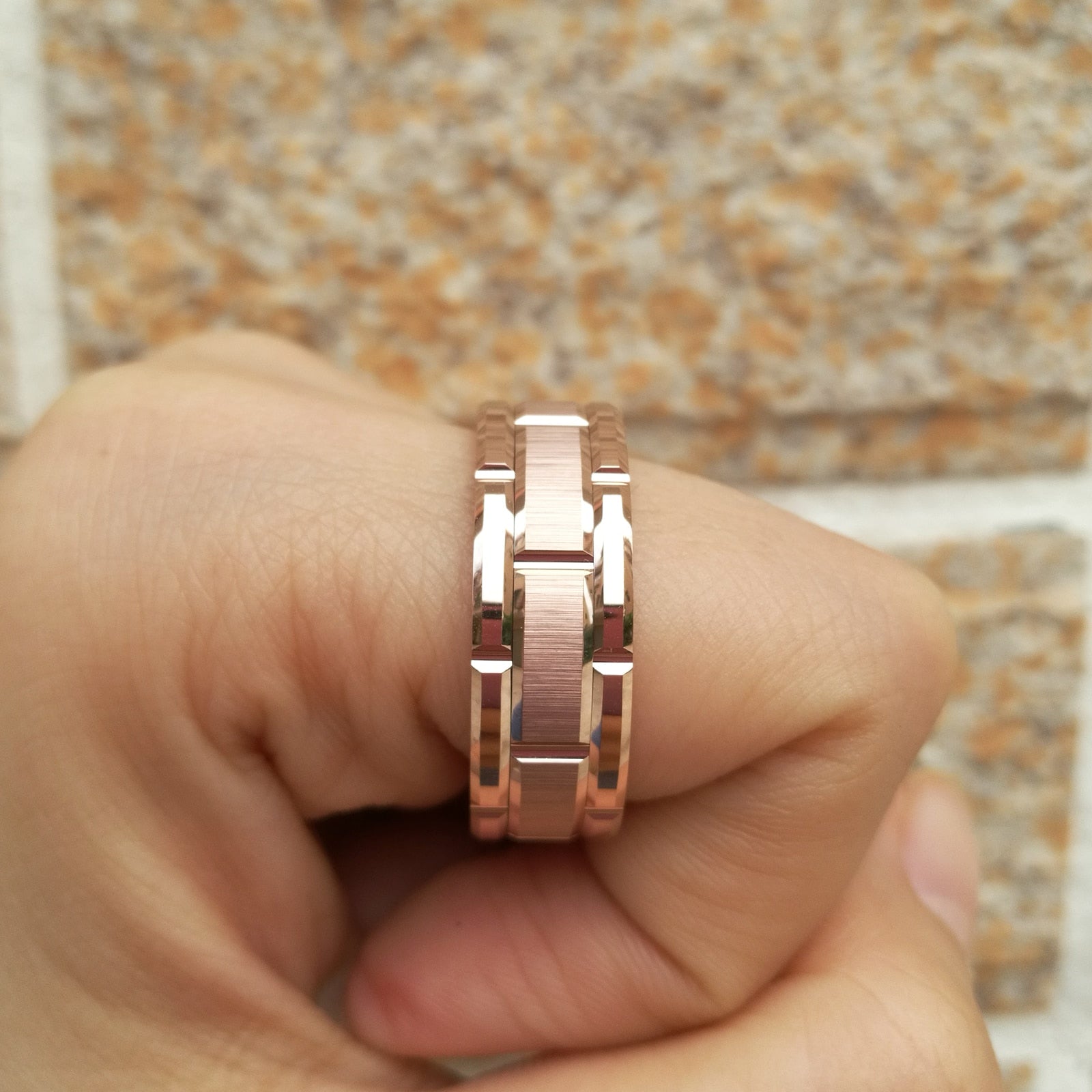 Newshe Men's Tungsten Carbide Ring 8mm Rose Gold Color Brick Pattern image 2