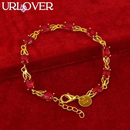 URLOVER 24K Gold Bracelet For Woman Red Zircon Crystal Rabbit Ear Link Bracelet image 0
