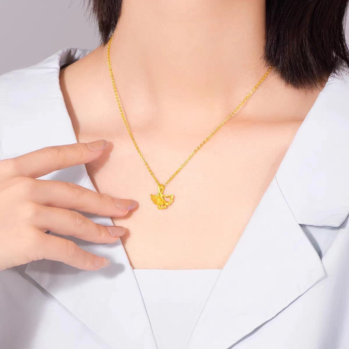 Fashion 14 K Gold Color Apricot Leaf Necklace for Women Bride Shining Pendant O image 2