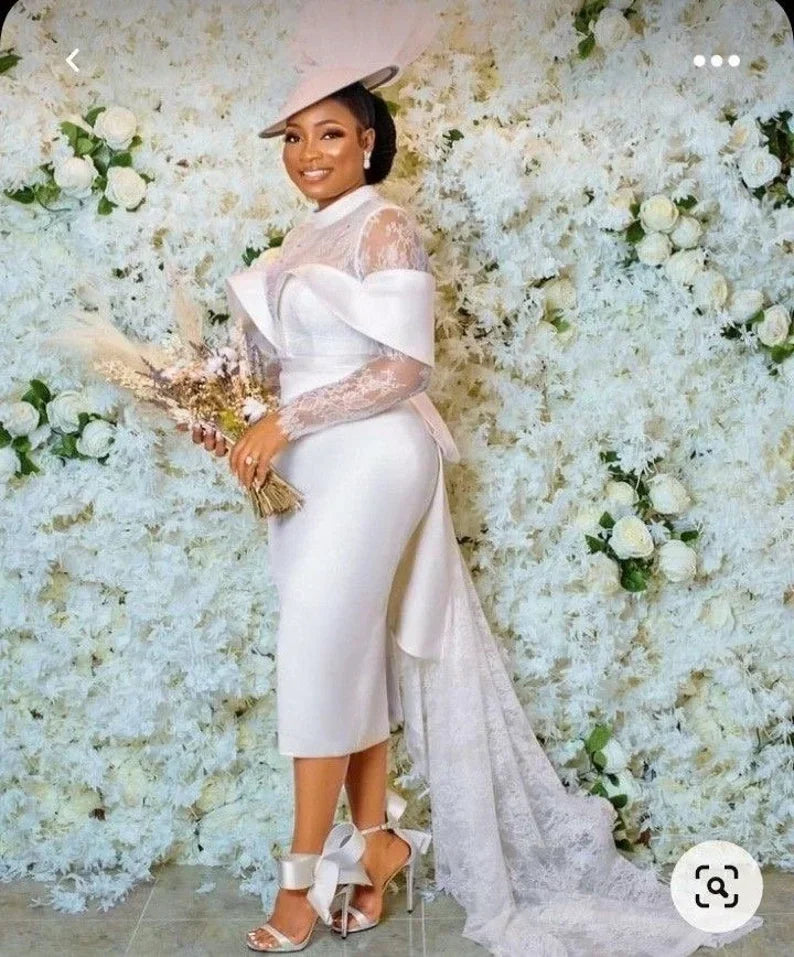 Elegant White Short Wedding Dresses Mermaid Lace Long Sleeves Tea Length Satin  image 3