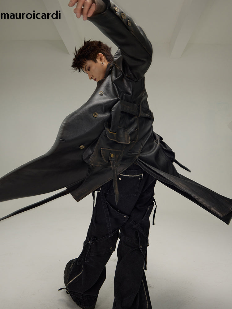 Mauroicardi Spring Autumn Long  Distressed Black Pu Leather Trench Coat Men Bel image 6