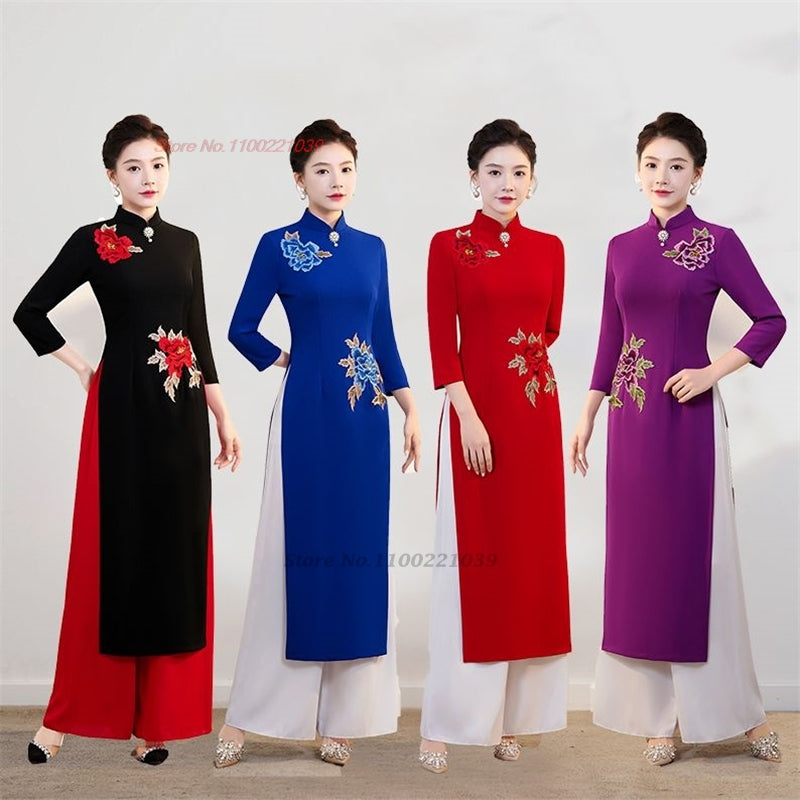 2024 vietnam vintage dress national flower embroidery oriental qipao dress+pant image 1