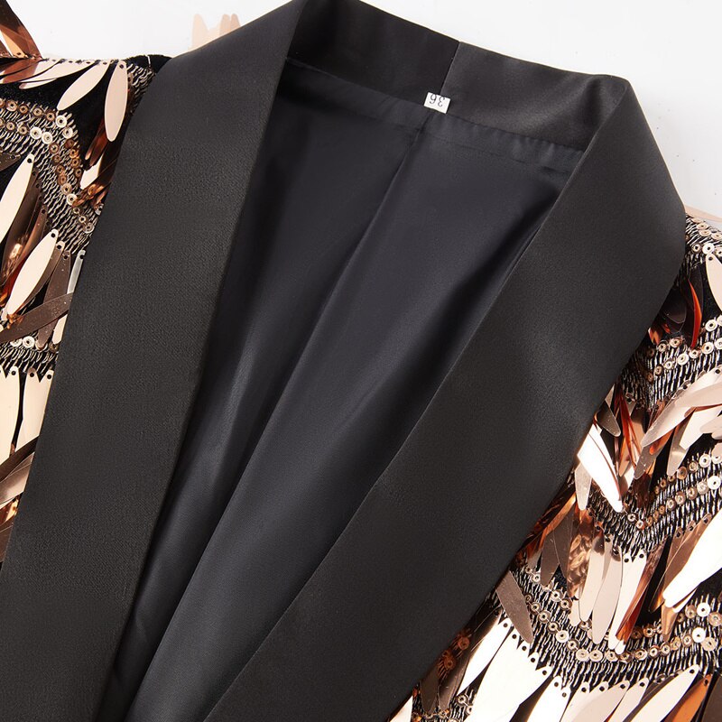 Mens Luxury Wave Striped Gold Sequin Blazer Jacket Shawl Lapel One Button image 2
