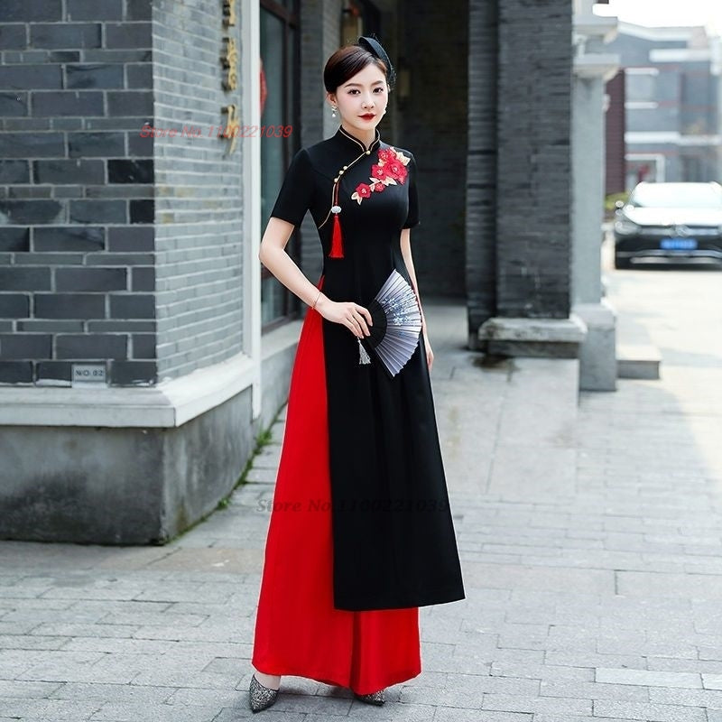 2024 vietnam woman ao dai dress chinese elegant cheongsam dress+pants set vinta image 4