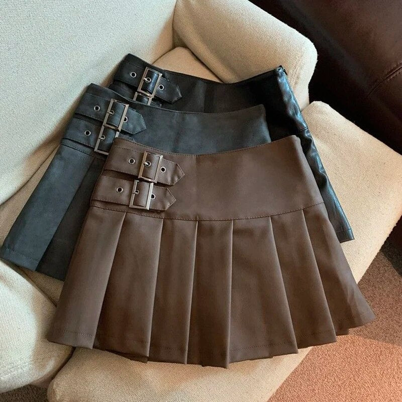 MEXZT Y2K Pu Leather Mini Skirts Women Streetwear High Waist Pleated Skirt Vint image 0