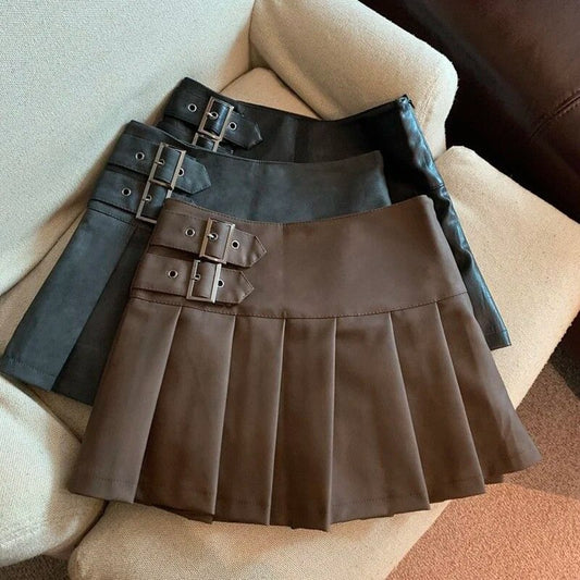 MEXZT Y2K Pu Leather Mini Skirts Women Streetwear High Waist Pleated Skirt Vint image 0