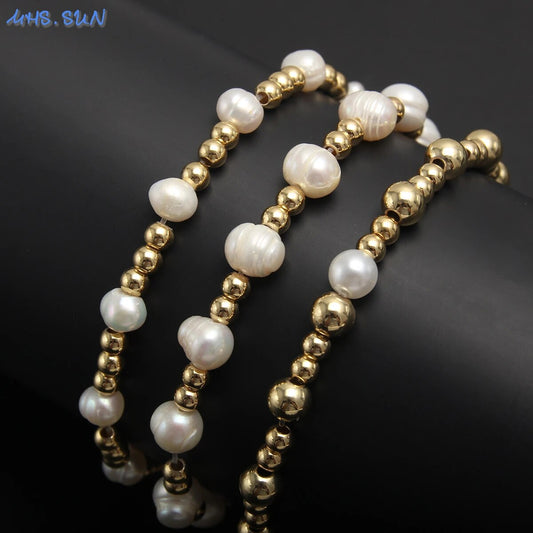 MHS.SUN Elegant Natural Pearl Gold Plated Stainless Steel Beaded Bracelet Handm image 0