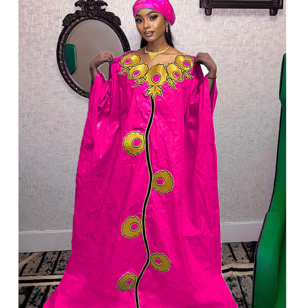 High Quality African Women Bazin Riche Dresses With Headscarf Embroid Stone Nig image 0