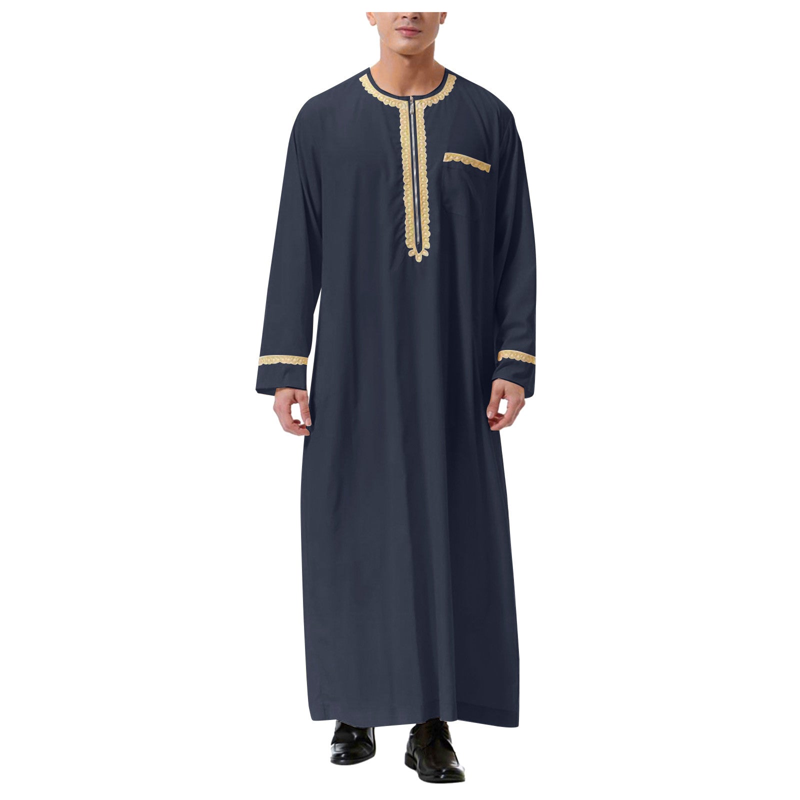 Muslim Islamic Clothing Men Jubba Thobe Print Zipper Kimono Long Robe Saudi Mus image 1