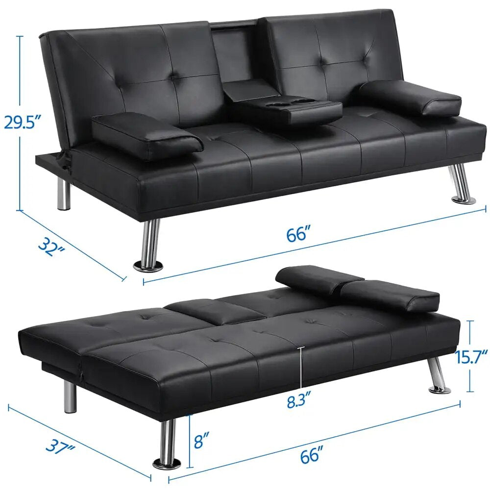 LuxuryGoods Modern Faux Leather Futon with Cupholders and Pillows, Black image 8