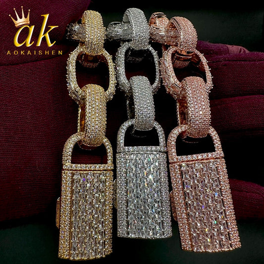 Aokaishen Box Cuban Link Bracelet for Men Iced Out Prong Setting Gold Plated image 0