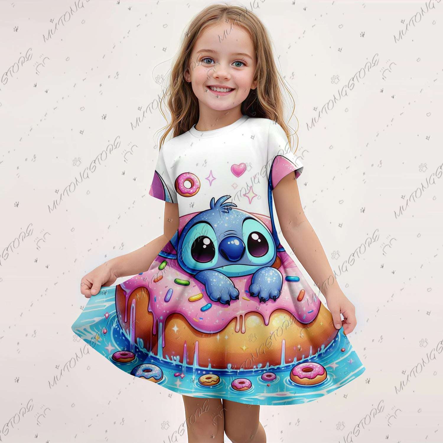 2024 Summer Girls Gift Short Sleeve Dress Original Cute Stitch 3d Print Kids Sk image 5