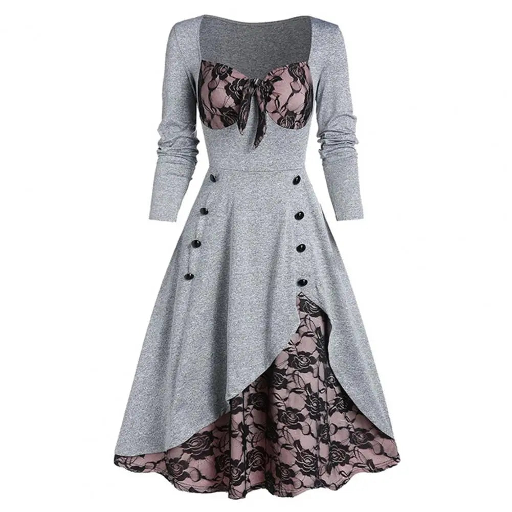 Women Lace Dresses Stitching Plus Size Long Sleeve Classical Retro Style Winter image 2