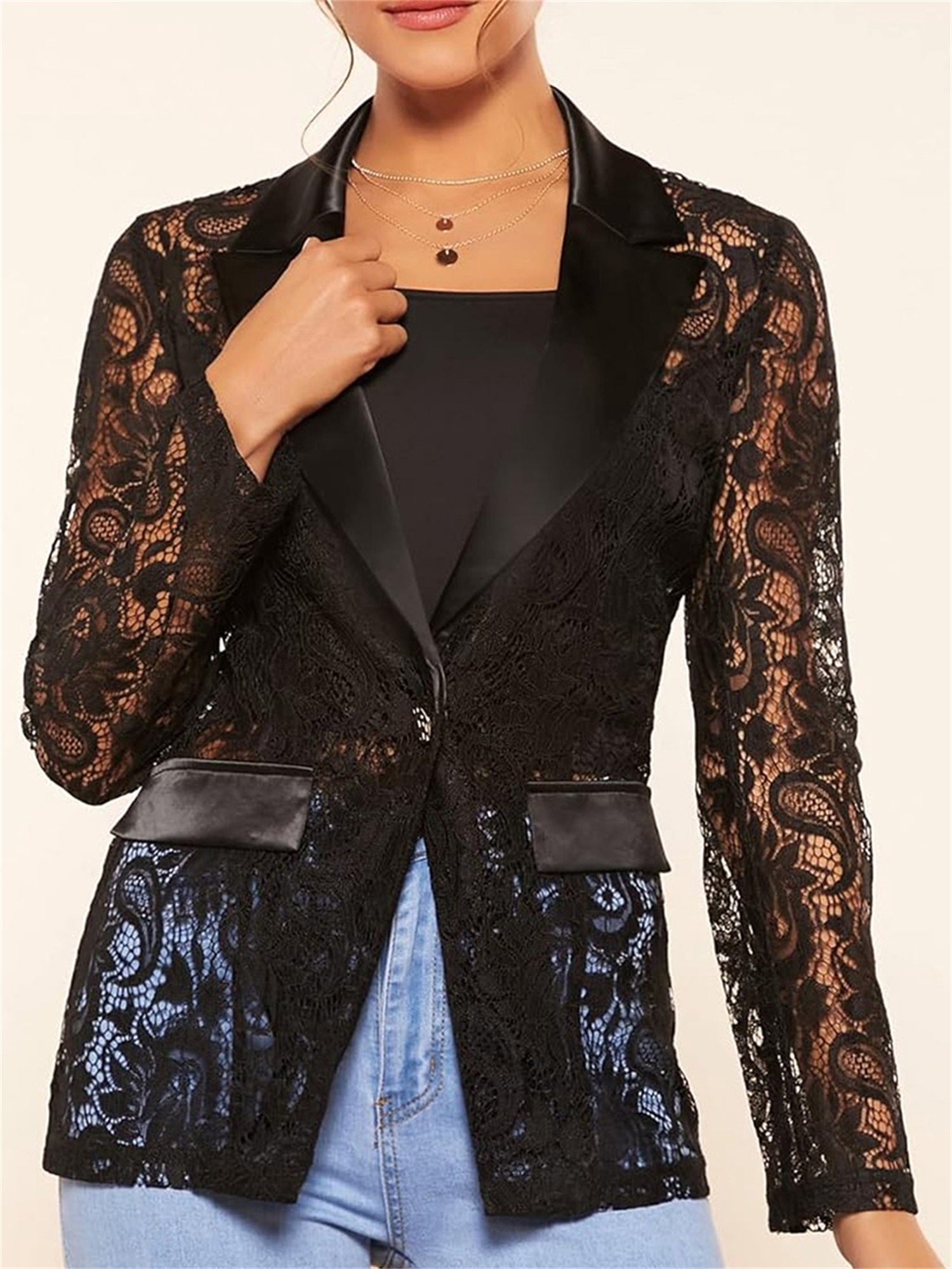 Women s Fashion Blazer Solid Color Open Front Lapel Long Sleeve Elegant Jacket  image 1