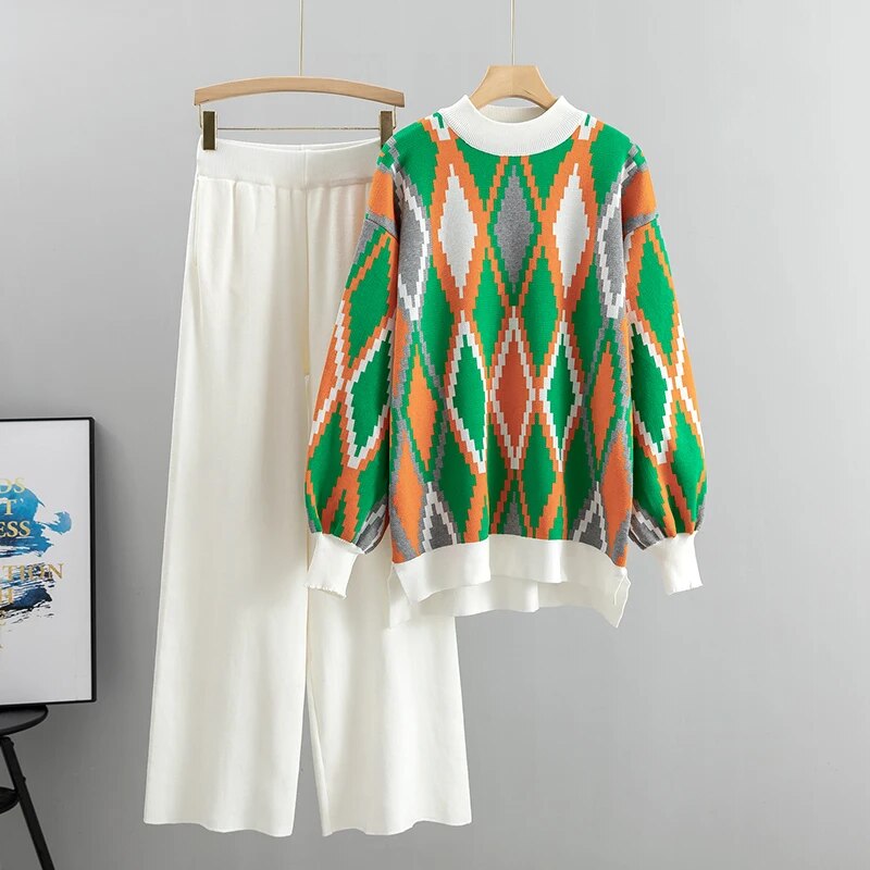Loose Knitted Two Piece Women Sets Casual Loungewear Knit Sweater Pants Suit Wi image 3