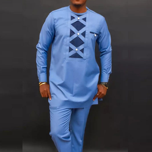 Kaftan African Men's Suit White Long Sleeve Stitching Shirt and Social Pants 2 image 0