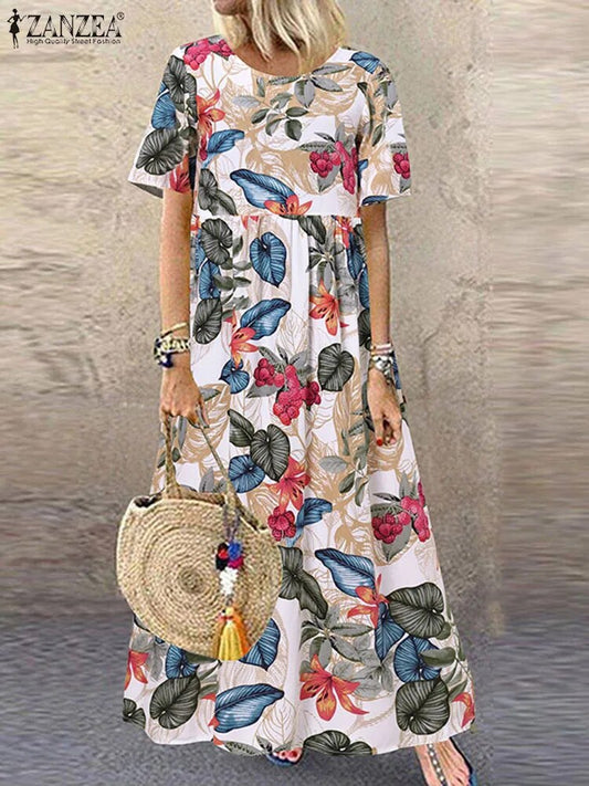 2023 ZANZEA Short Sleeve Long Vestidos Bohemian Floral Printed Beach Dress Summ image 0