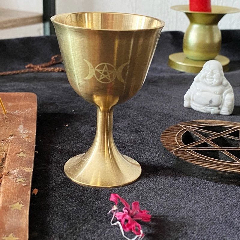 Ritual Cup Altar Goblet Wicca Gold Plating Brass Ceremony Moon Divination Astro image 1