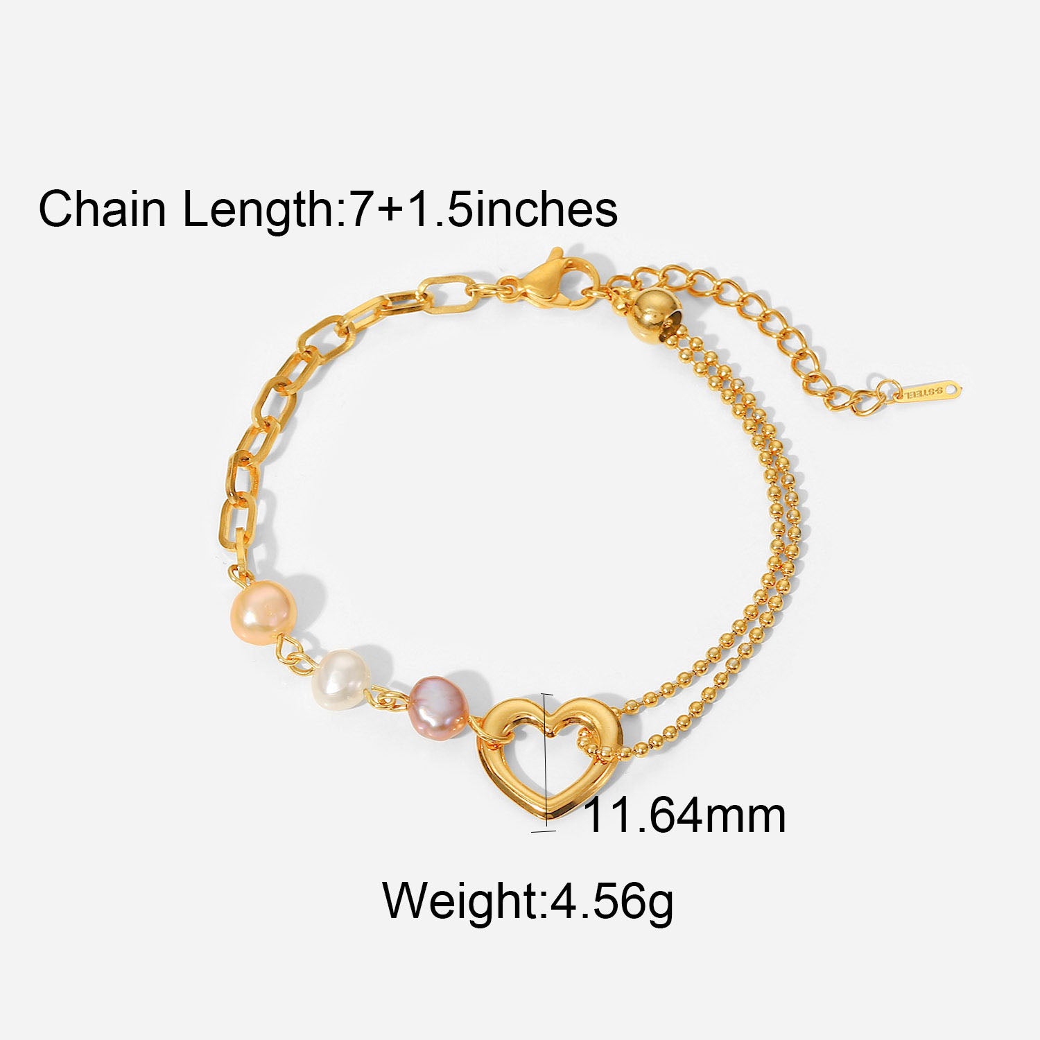 Stainless Steel PVD 18K Gold Plated Tarnish Waterproof Natural Pearl Heart Brac image 2