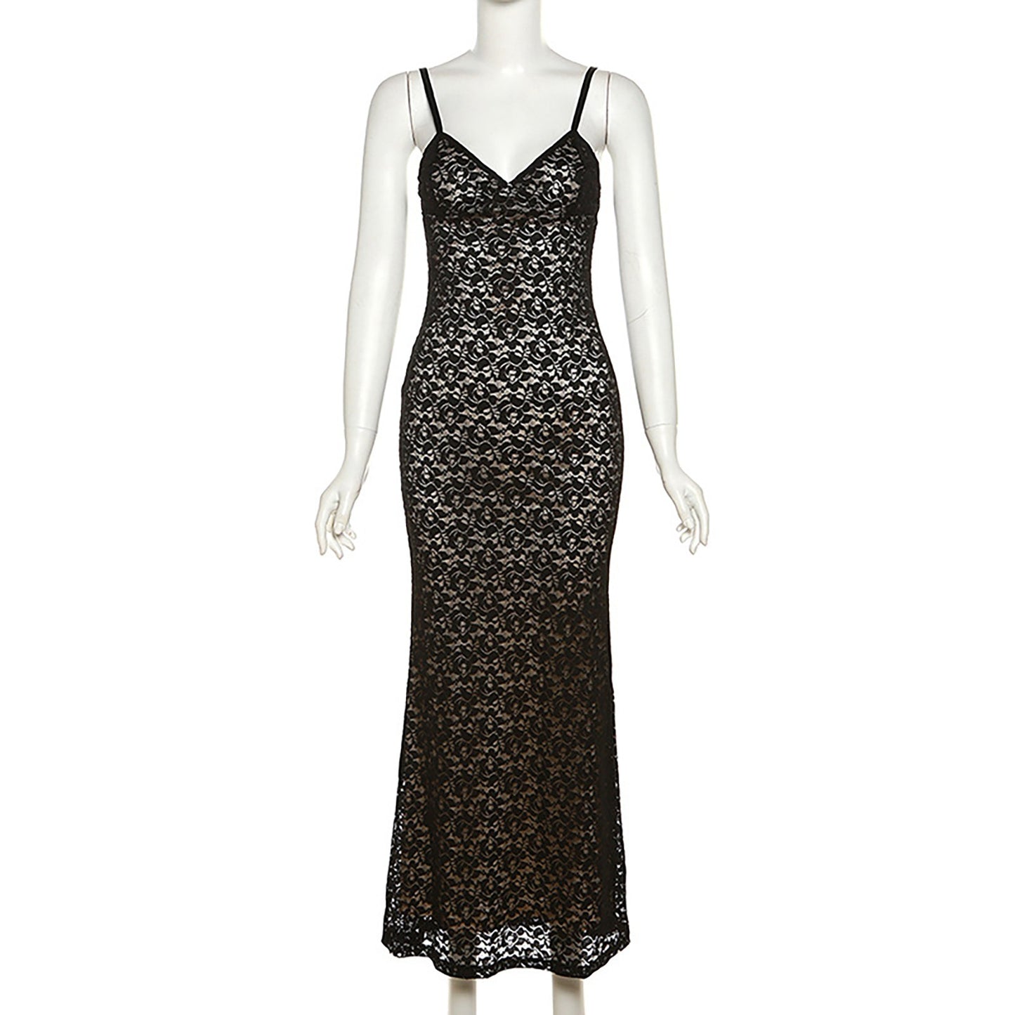 Elegant Spaghetti Strap Lace Dress Low Cut Slim Fit Long Robe Formal Evening Pa image 6