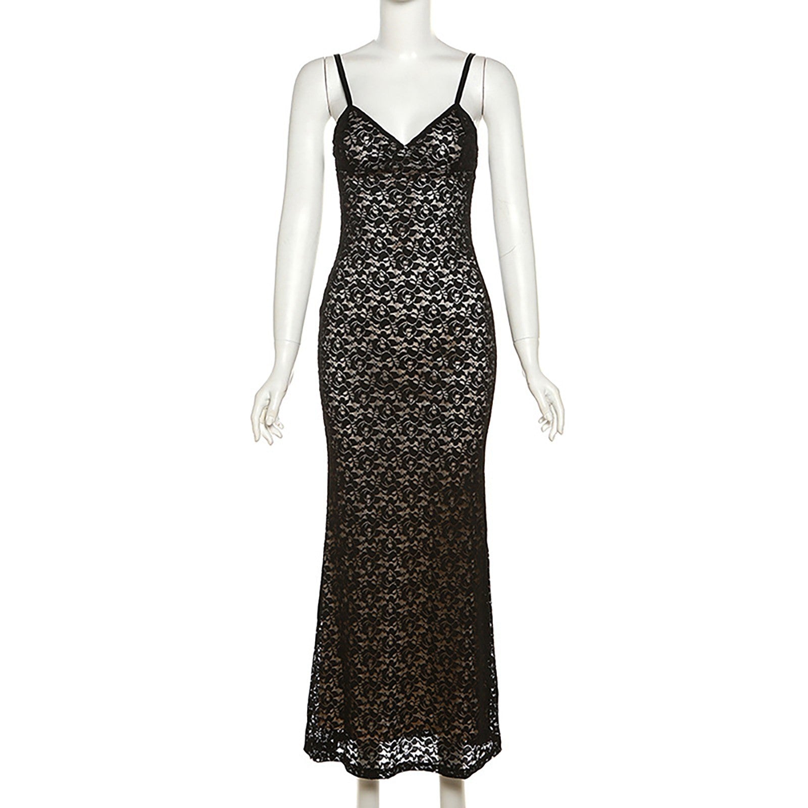 Elegant Spaghetti Strap Lace Dress Low Cut Slim Fit Long Robe Formal Evening Pa image 6