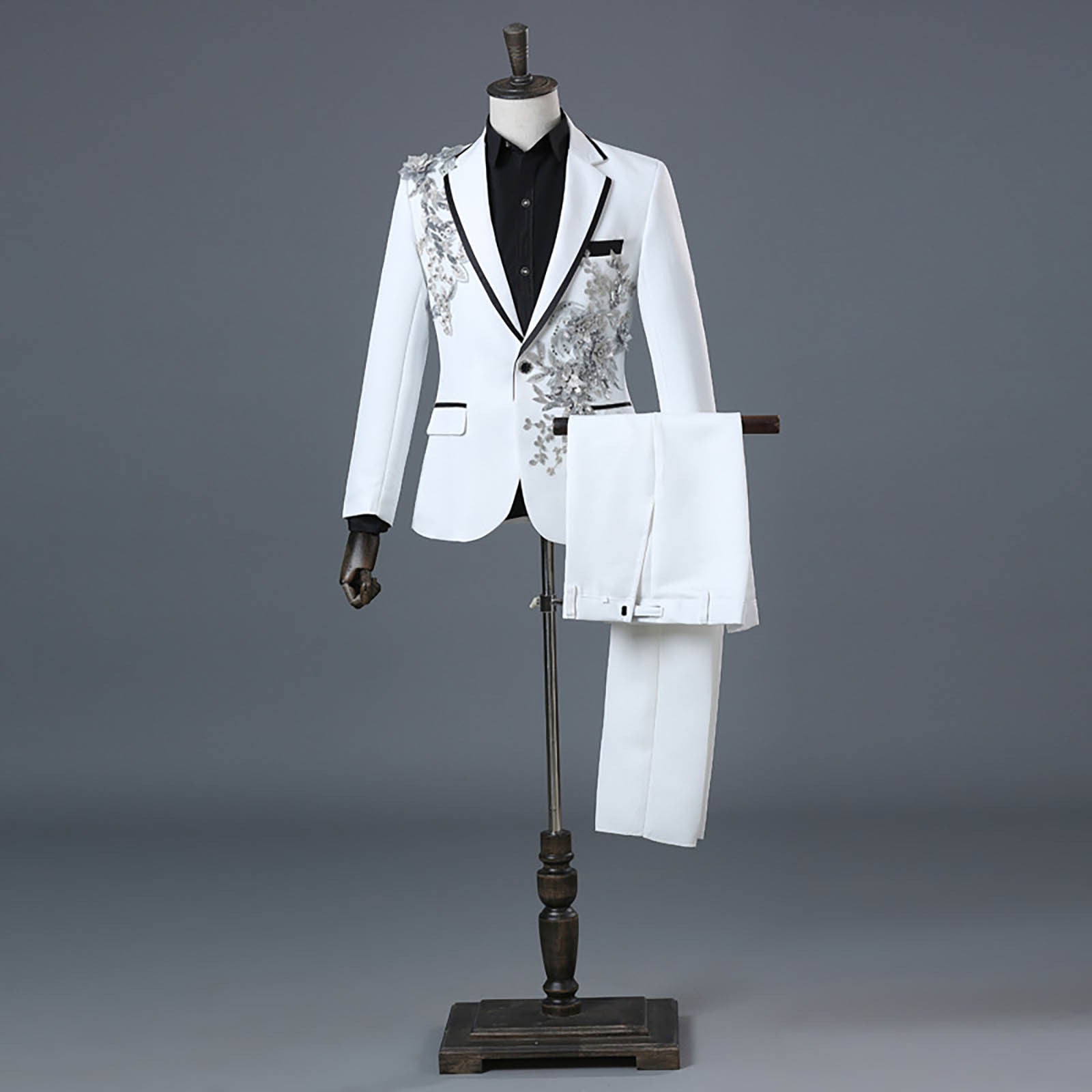 Floral Embroider Men's Suits Singer Nightclub Wedding Party Host One Button Sli image 0