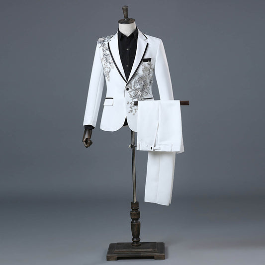 Floral Embroider Men's Suits Singer Nightclub Wedding Party Host One Button Sli image 0