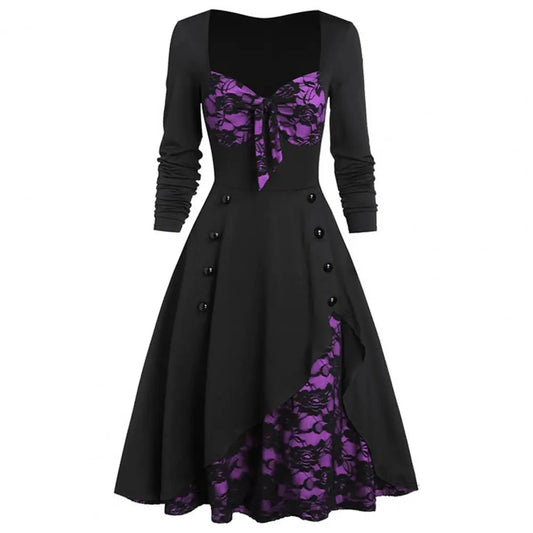 Women Lace Dresses Stitching Plus Size Long Sleeve Classical Retro Style Winter image 0