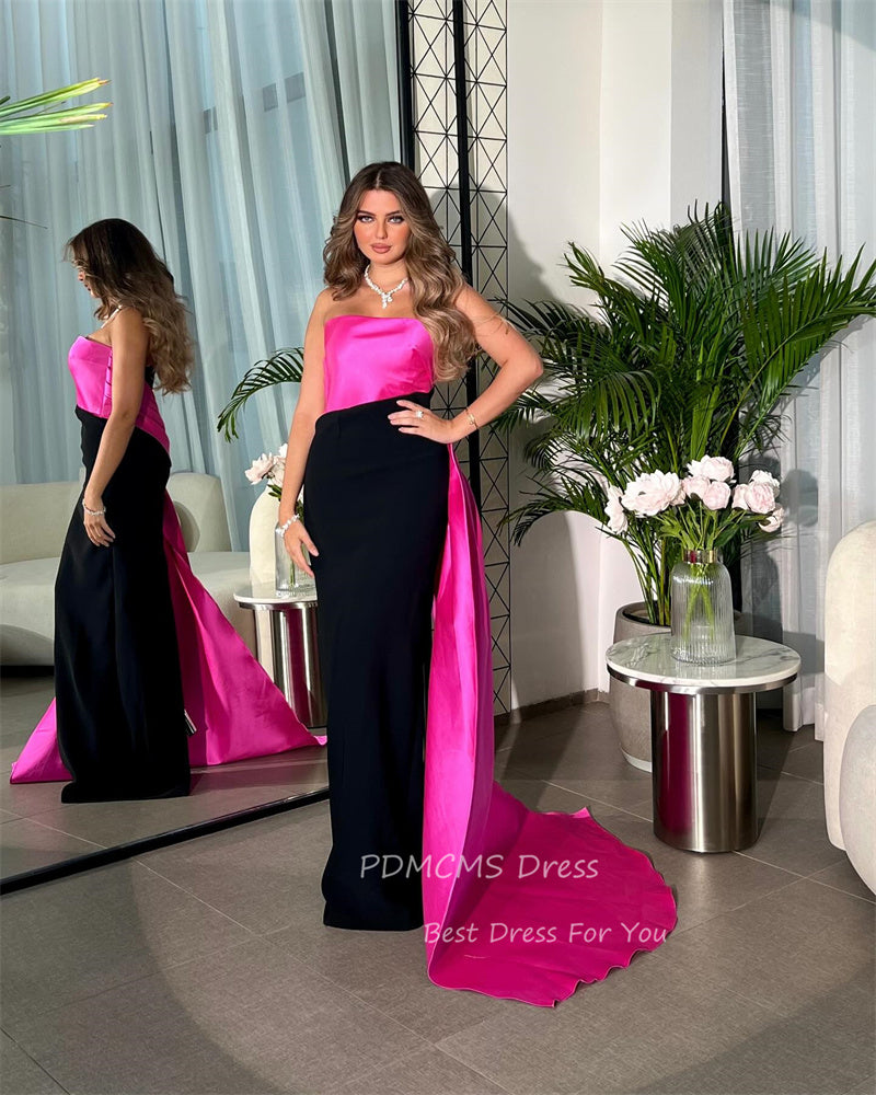Charming Hot Pink/Black Satin Evening Party Dresses Strapless Floor Length Simp image 1