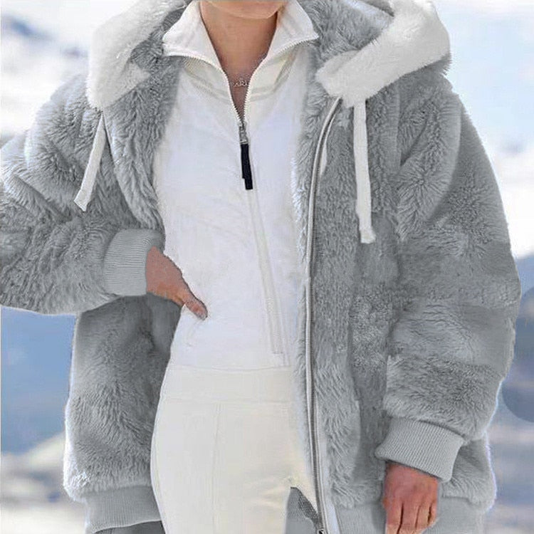 Winter Women Jackets Plush Casual Oversize Fleece Plaid Y2K Hooded Zipper Fashi image 0