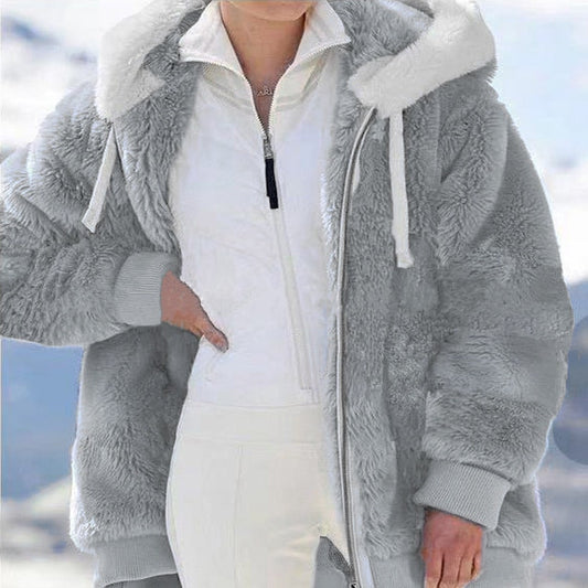 Winter Women Jackets Plush Casual Oversize Fleece Plaid Y2K Hooded Zipper Fashi image 0
