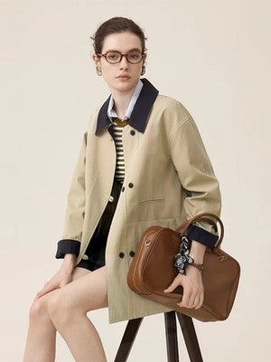 British Style Womenâ€™s Mid-Length Trench Coat Contrast Collar Double