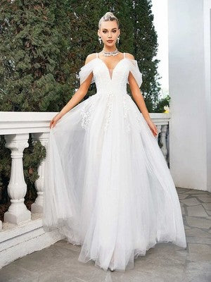 Vestido de novia con encaje de flores y bordado, vestido largo de novia blanco