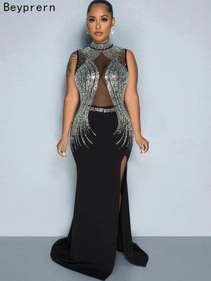 Beyprern Women's Black Mesh Bust Rhinestones DÃƒÆ’Ã†â€™Ãƒâ€šÃ‚Â©cor High Slit Maxi D