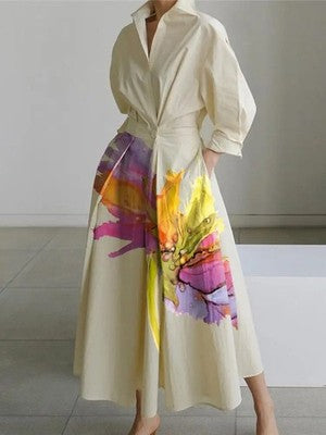 Vestido de mujer primavera verano 2025 estampado floral cuello solapa manga larga
