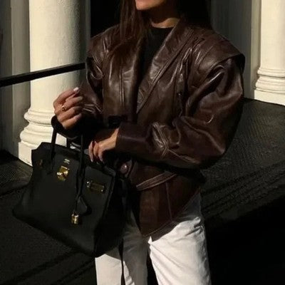 2025 Nuevas chaquetas de cuero vintage con solapa y cordones para mujer, elegantes, lisas, largas, tallas S