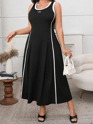 Vestido sin mangas de talla grande para mujer, informal, de verano, con contraste de color, redondo, cuello redondo