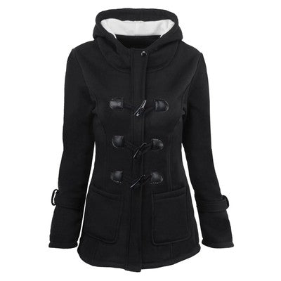 Padded Women Solid Color Hooded Overcoat Autumn Winter Horn Buttons Wa