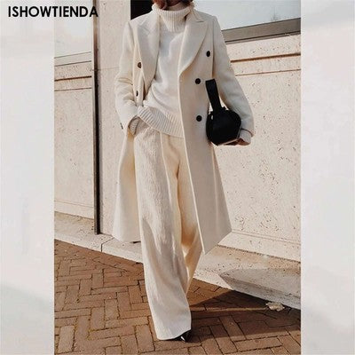 Elegante gabardina larga de mezcla de lana blanca para mujer, elegante abrigo cruzado