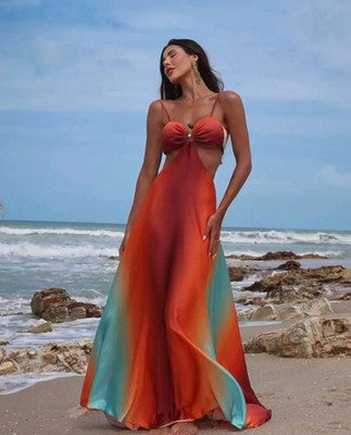 Precioso vestido largo a rayas - Naranja degradado azul sin mangas y sin espalda