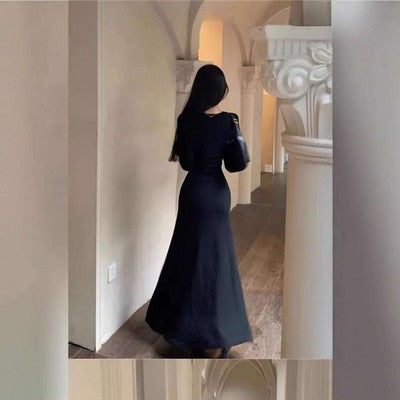 Red Long Sleeve Women's Dress Draping Bodycon Skirt Slimming Midi Dres